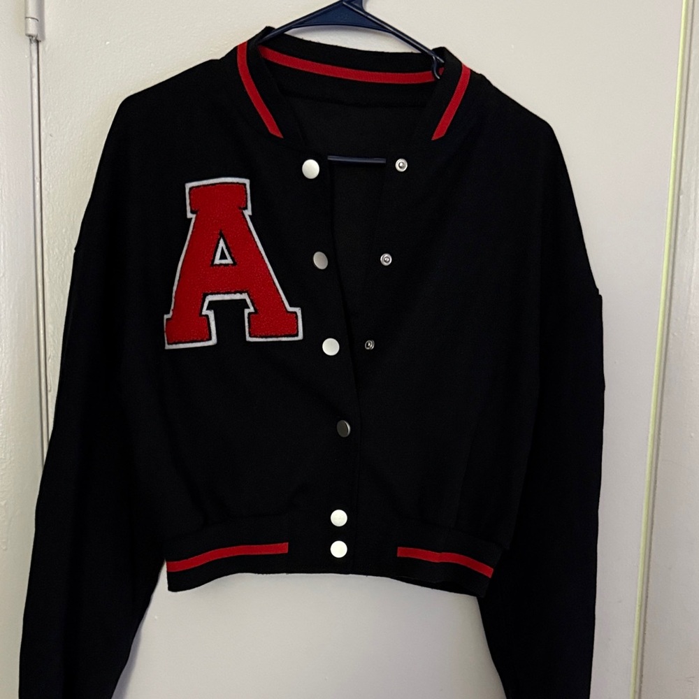Black Cropped Varsity Jacket with Red 'A' Patch